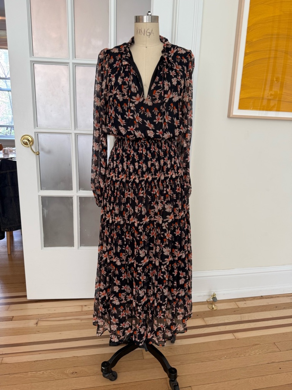 Jason Wu Black Floral Maxi Dress with Pink and Coral Accents
